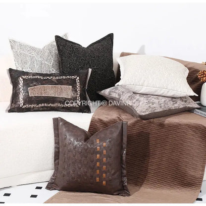 Brighton cross stitch brown & tan cushion cover living room woven leather