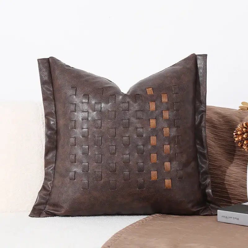 Brighton cross stitch brown & tan cushion cover living room woven leather