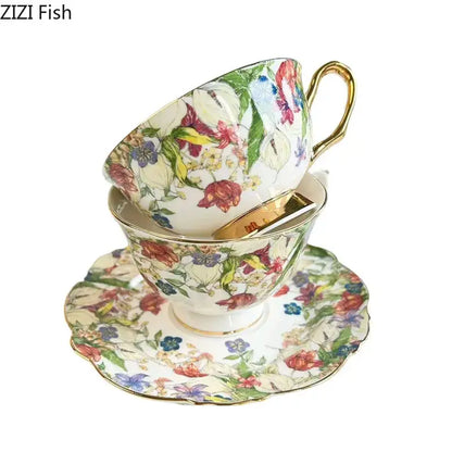 Brilliant flowers pattern porcelain teacup and saucer dining room set