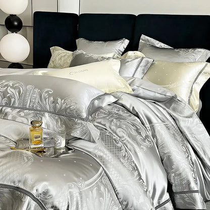 Brocade satin jacquard silver bedding set bedroom damask embroidery