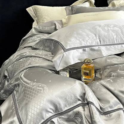 Brocade satin jacquard silver bedding set bedroom damask embroidery