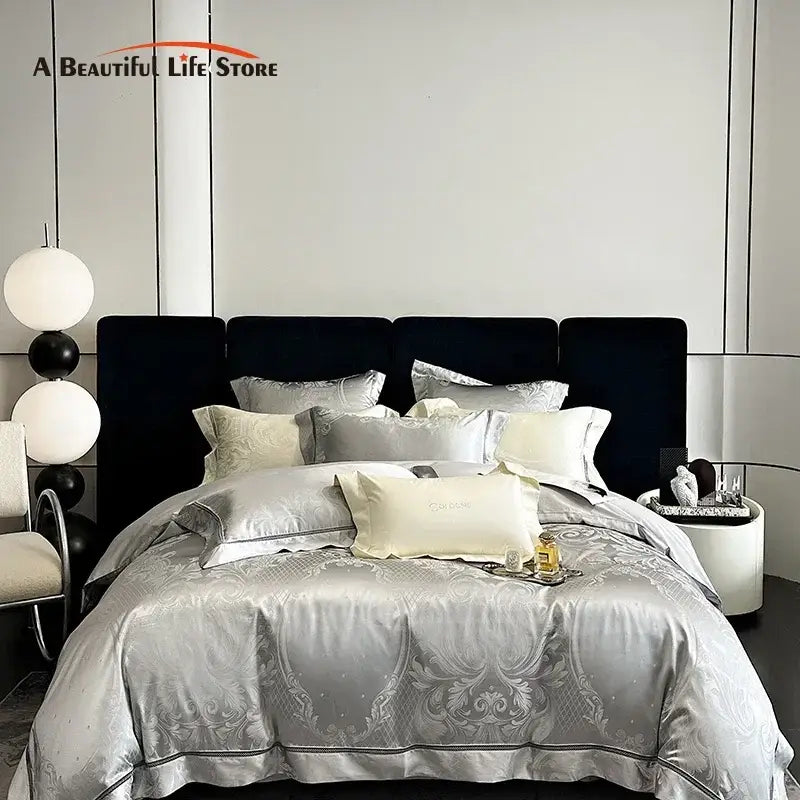 Brocade satin jacquard silver bedding set bedroom damask embroidery