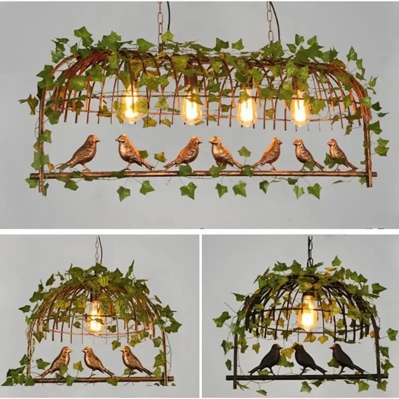 Bronze birdcage pendant lights with garland for dining room