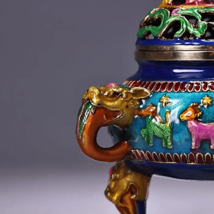 Bronze cloisonne lion incense burner blue & gold living room decor