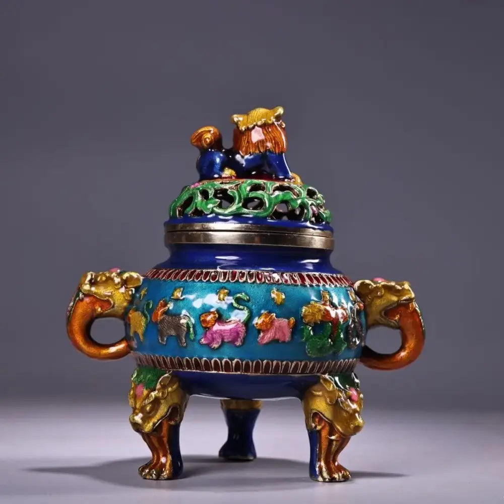 Bronze cloisonne lion incense burner blue & gold living room decor