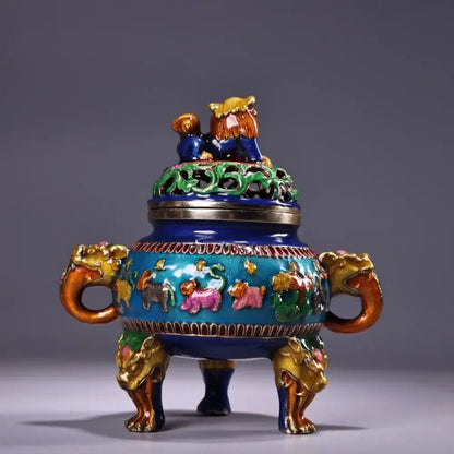 Bronze cloisonne lion incense burner blue & gold living room decor