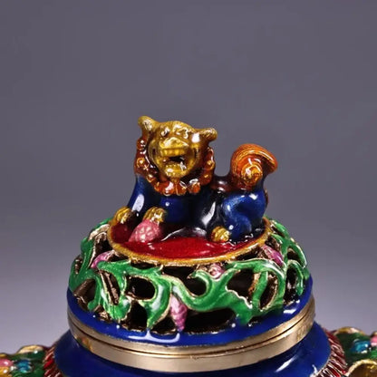 Bronze cloisonne lion incense burner blue & gold living room decor