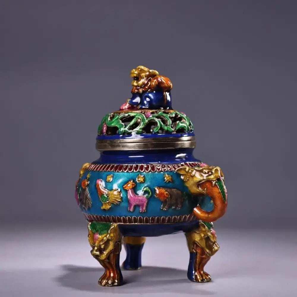 Bronze cloisonne lion incense burner blue & gold living room decor