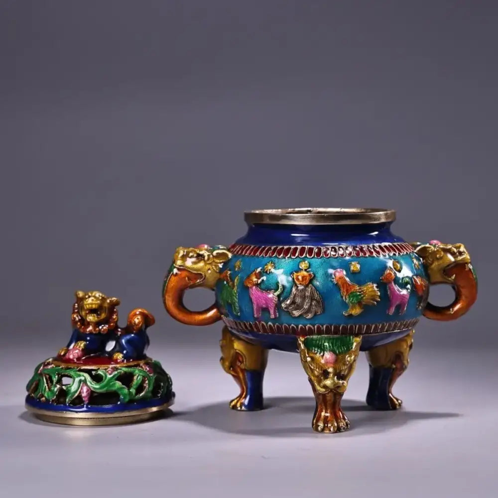 Bronze cloisonne lion incense burner blue & gold living room decor