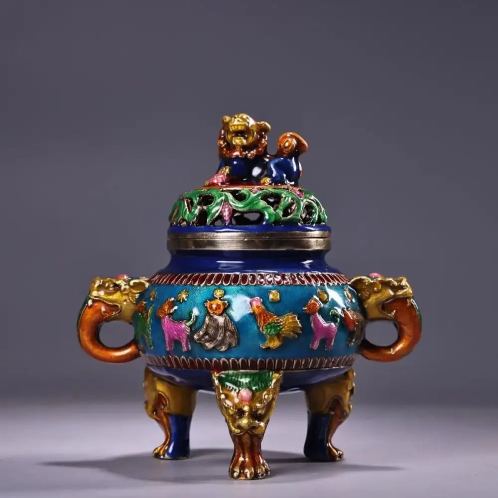 Bronze cloisonne lion incense burner blue & gold living room decor