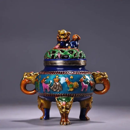 Bronze cloisonne lion incense burner blue & gold living room decor