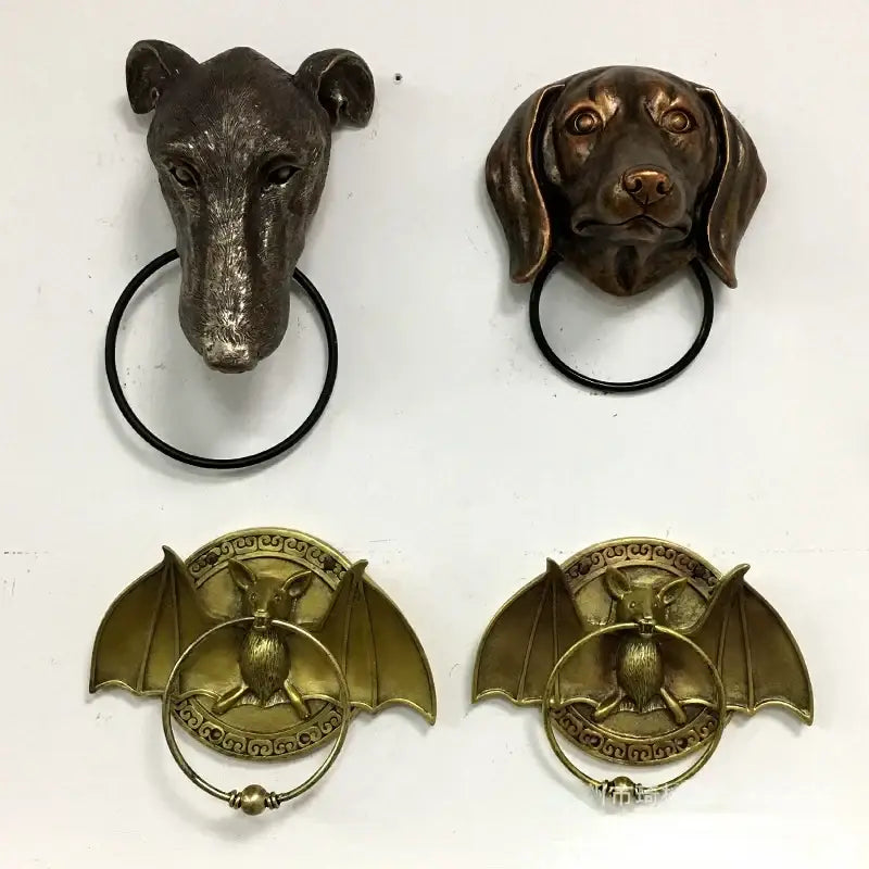 Bronze dog and bat head door knocker – courtyard wall pendant