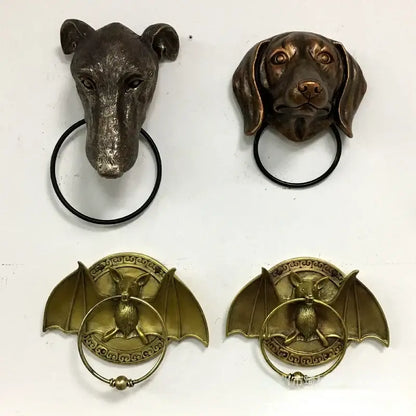 Bronze dog and bat head door knocker – courtyard wall pendant