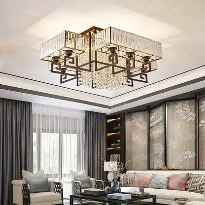 Bronze geometric crystal rectangular ceiling light for living room