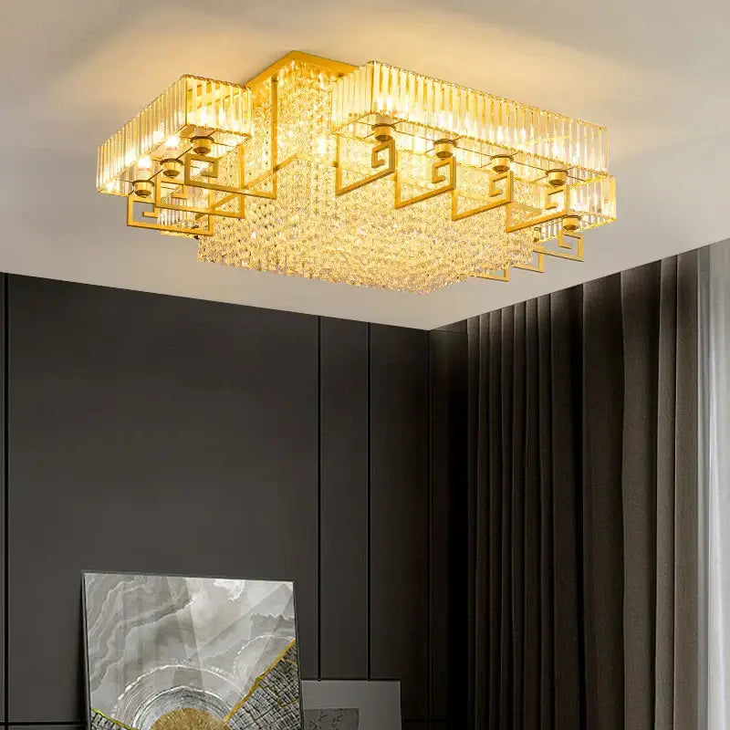 Bronze geometric crystal rectangular ceiling light for living room