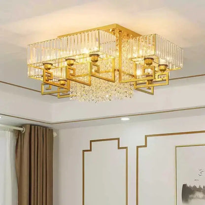 Bronze geometric crystal rectangular ceiling light for living room