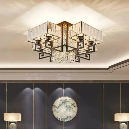 Bronze geometric crystal rectangular ceiling light for living room