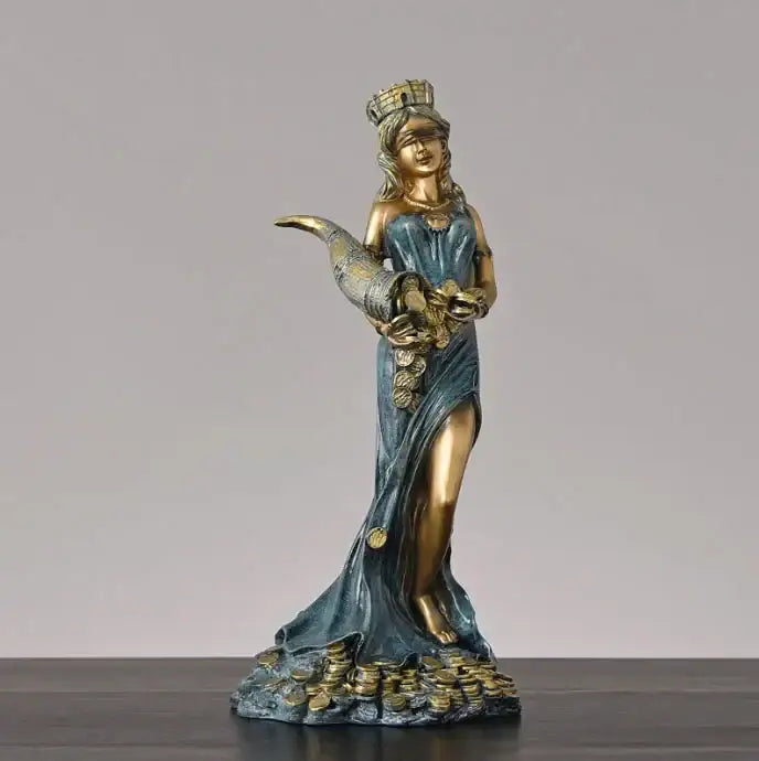 Bronze & teal greek wealth goddess fortuna figurine living room decor