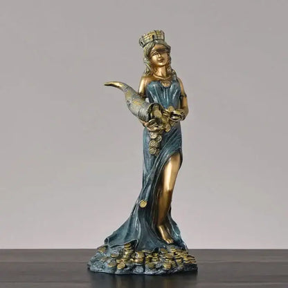 Bronze & teal greek wealth goddess fortuna figurine living room decor