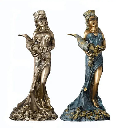 Bronze & teal greek wealth goddess fortuna figurine living room decor