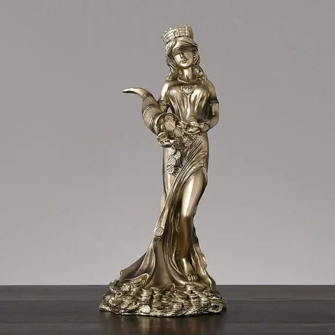 Bronze & teal greek wealth goddess fortuna figurine living room decor