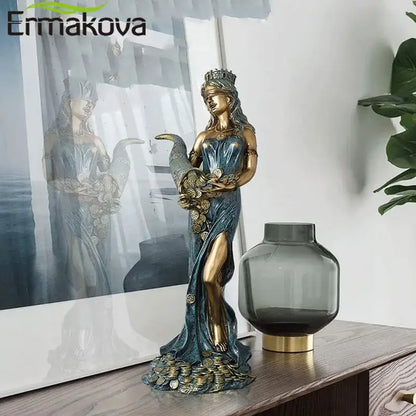 Bronze & teal greek wealth goddess fortuna figurine living room decor