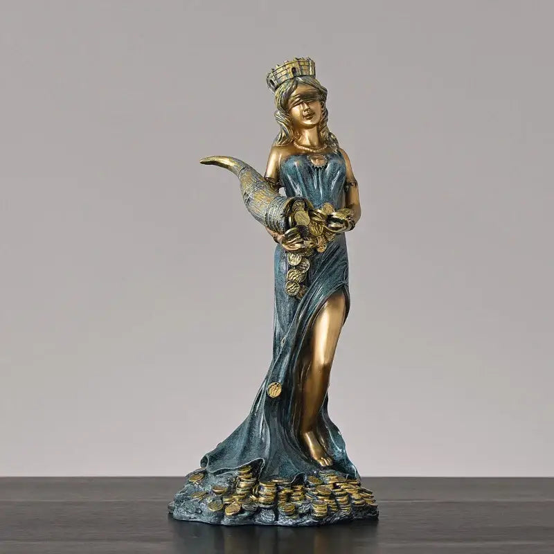 Bronze & teal greek wealth goddess fortuna figurine living room decor