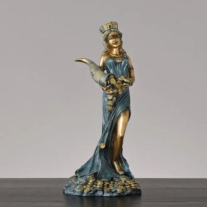 Bronze & teal greek wealth goddess fortuna figurine living room decor