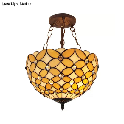 DecorBites™ Bronze Tiffany Style 3-Light Ceiling Fixture - Semi Flush Mount for Bedroom with Chain and Rod, H8" x D12