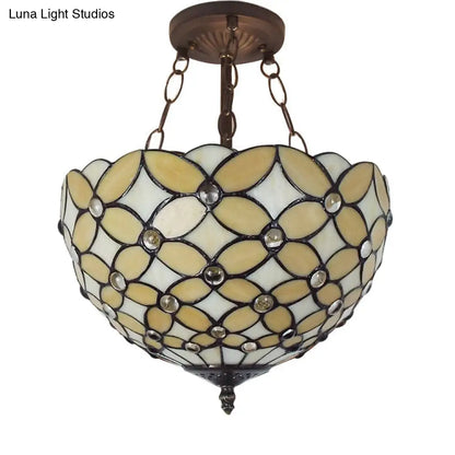 DecorBites™ Bronze Tiffany Style 3-Light Ceiling Fixture - Semi Flush Mount for Bedroom with Chain and Rod, H8" x D12