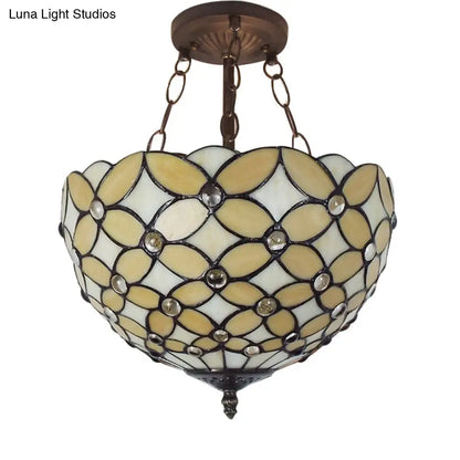 DecorBites™ Bronze Tiffany Style 3-Light Ceiling Fixture - Semi Flush Mount for Bedroom with Chain and Rod, H8" x D12