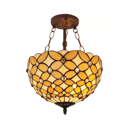 DecorBites™ Bronze Tiffany Style 3-Light Ceiling Fixture - Semi Flush Mount for Bedroom with Chain and Rod, H8" x D12