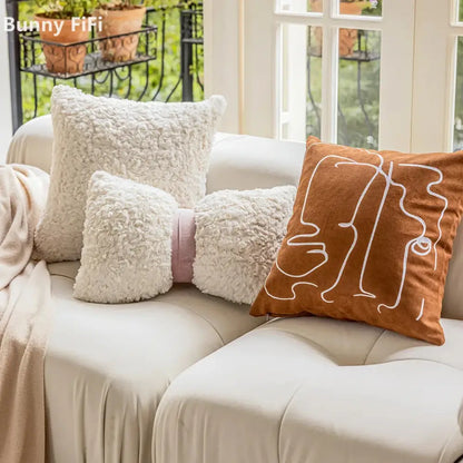 Brown and white geometric embroidery plush cushion cover living room