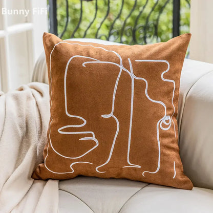 Brown and white geometric embroidery plush cushion cover living room