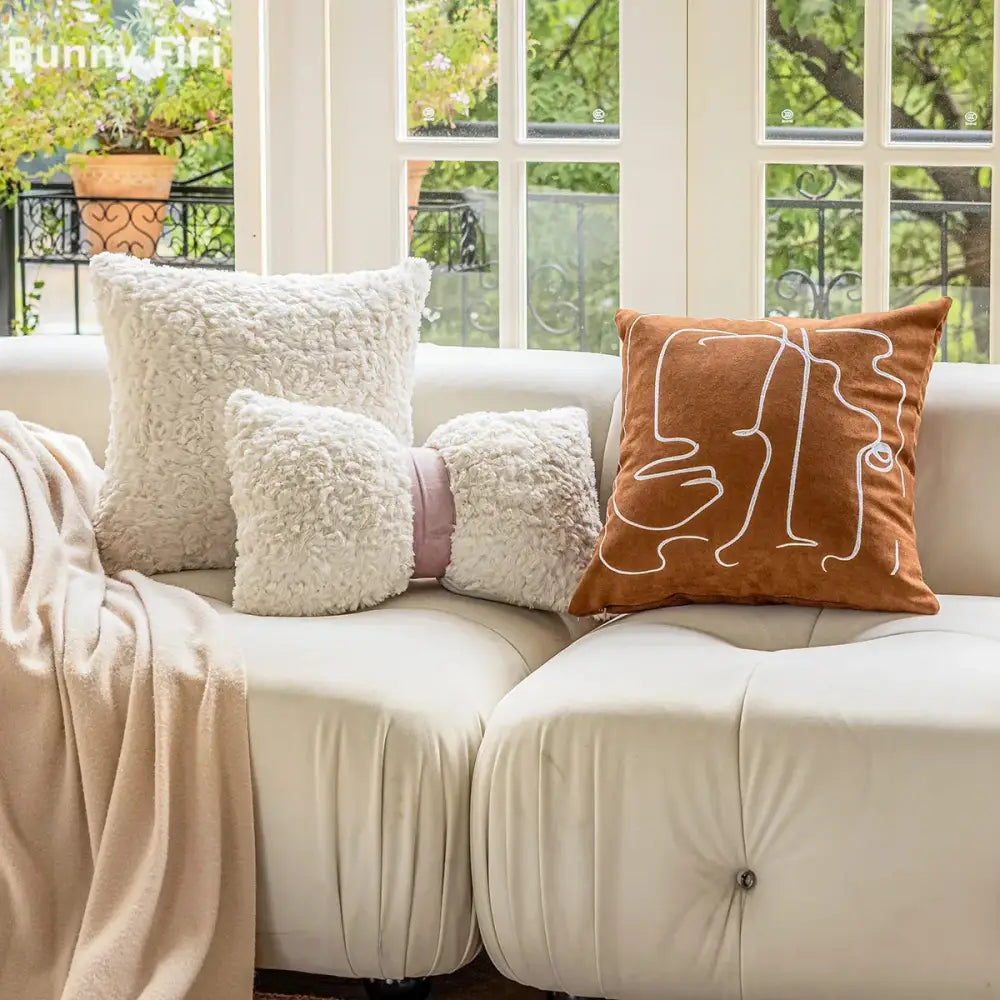 Brown and white geometric embroidery plush cushion cover living room