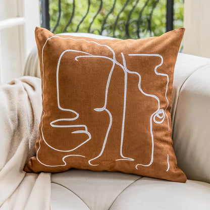 Brown and white geometric embroidery plush cushion cover living room