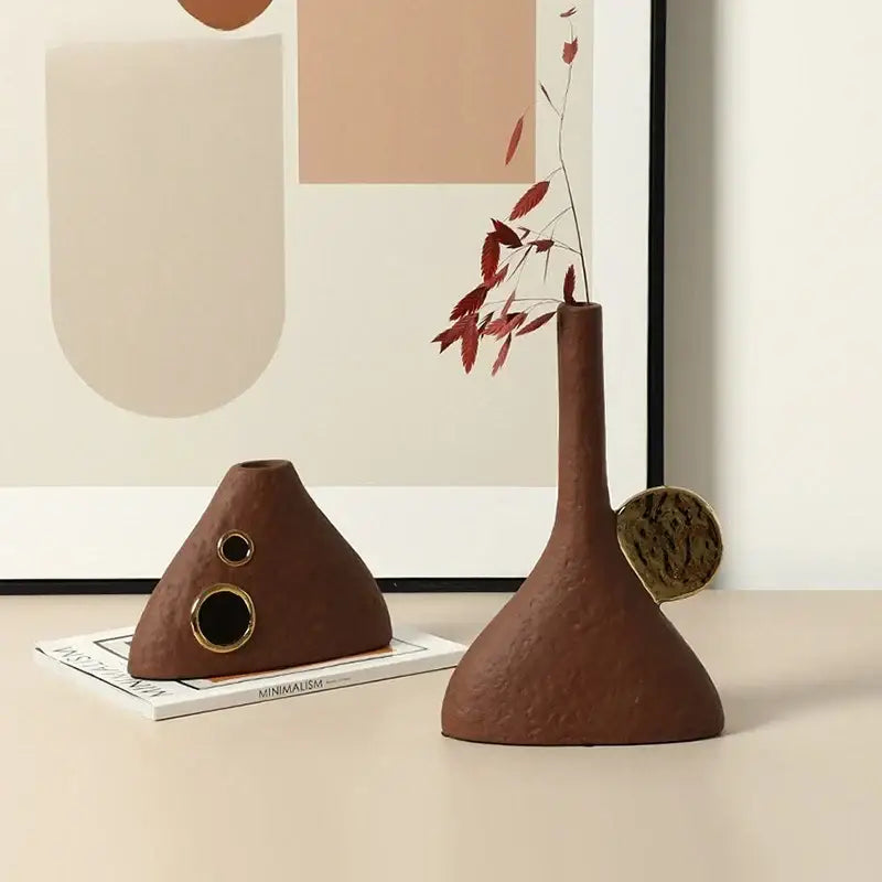 Brown geometric triangle ceramic vase living room gold accent decor