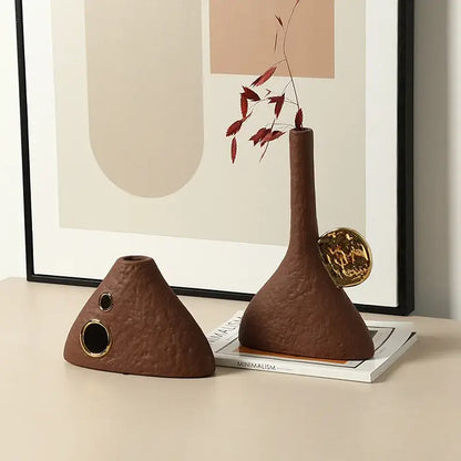 Brown geometric triangle ceramic vase living room gold accent decor