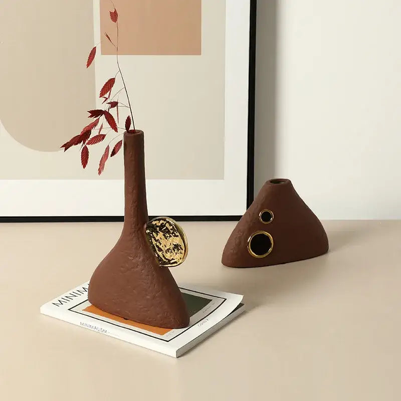Brown geometric triangle ceramic vase living room gold accent decor
