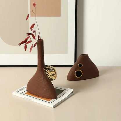 Brown geometric triangle ceramic vase living room gold accent decor