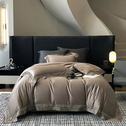 Brown lace embroidery bedding set – bedroom egyptian cotton linen