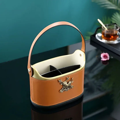 Brown leather desktop storage basket with gold deer for office