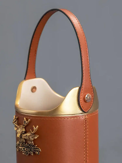 Brown leather desktop storage basket with gold deer for office