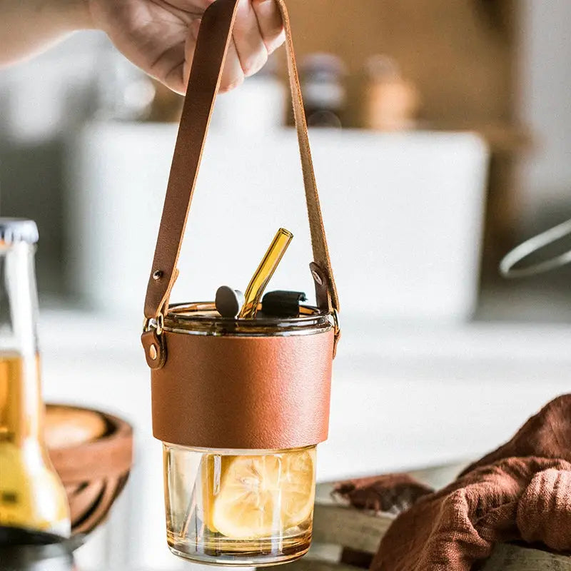 Brown leather glass coffee cup with gold straw kitchen tumbler