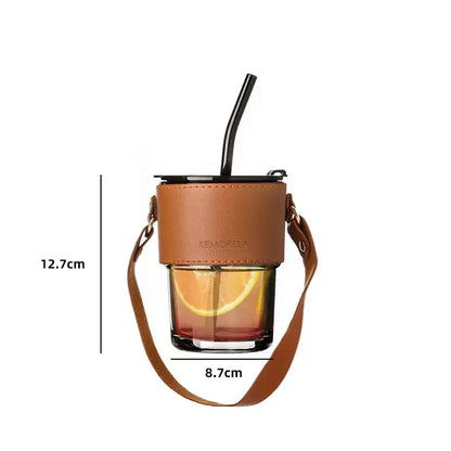 Brown leather glass coffee cup with gold straw kitchen tumbler