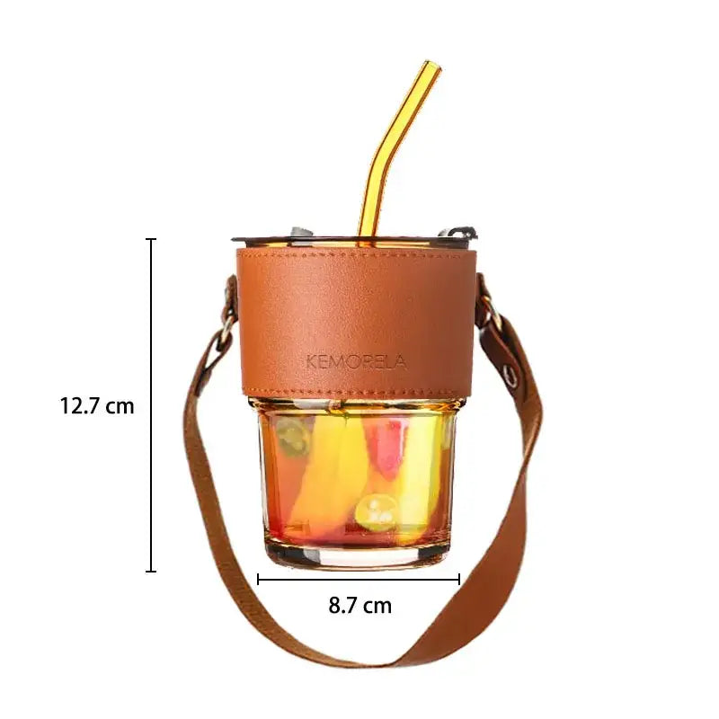 Brown leather glass coffee cup with gold straw kitchen tumbler