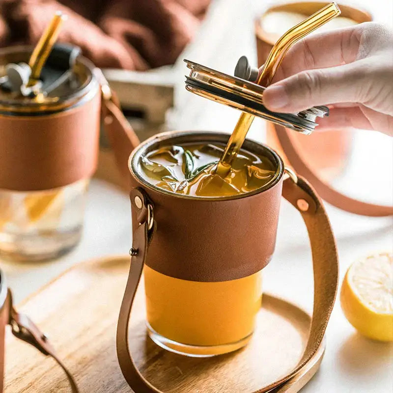 Brown leather glass coffee cup with gold straw kitchen tumbler