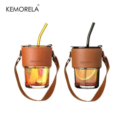 Brown leather glass coffee cup with gold straw kitchen tumbler