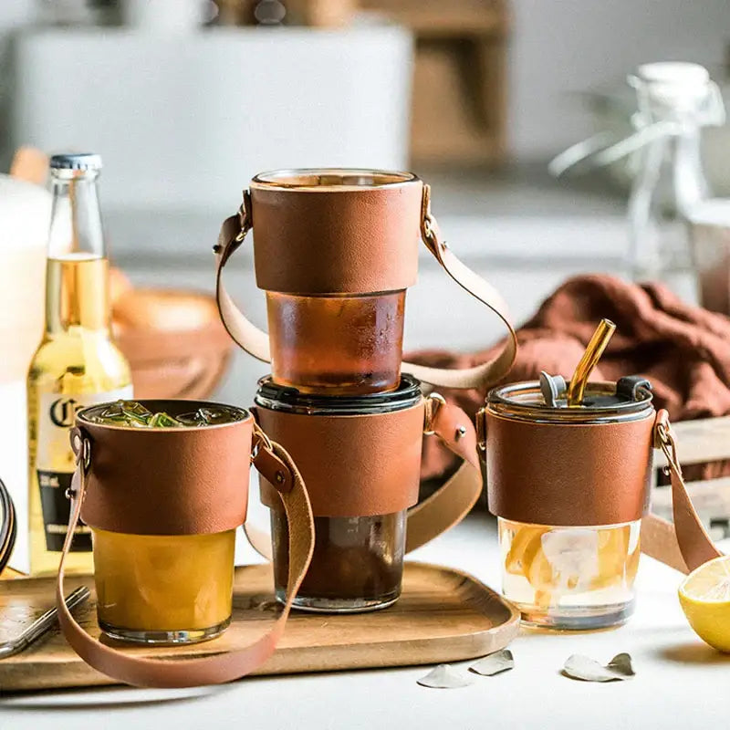 Brown leather glass coffee cup with gold straw kitchen tumbler