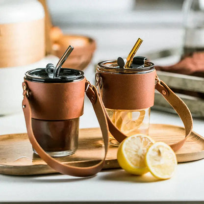 Brown leather glass coffee cup with gold straw kitchen tumbler